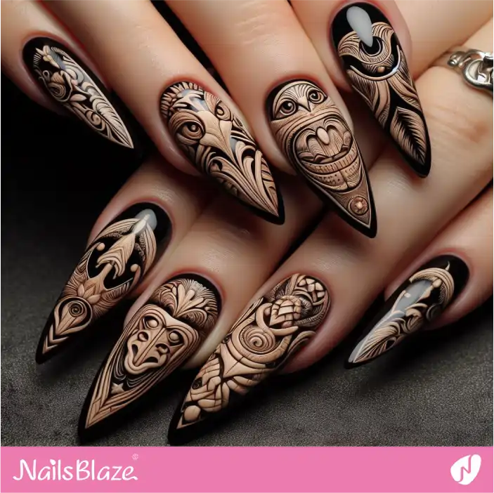 Wooden Effect Coast Salish Animal Motifs Nail Art | Canadian | Tribal - NB1497